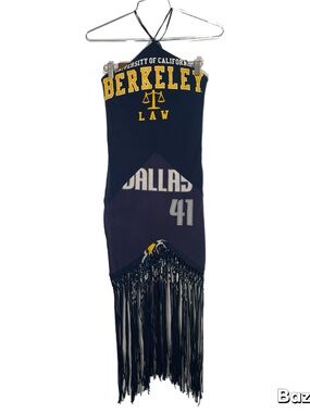 Conner Ives Upcycled Cal Berkeley Law Dallas Mavericks Fringe Halter Dress
